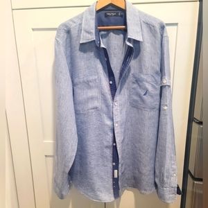 Nautica 100%Linen Men's Long  Sleeve Button down Shirt Stripes Dark Blue/White